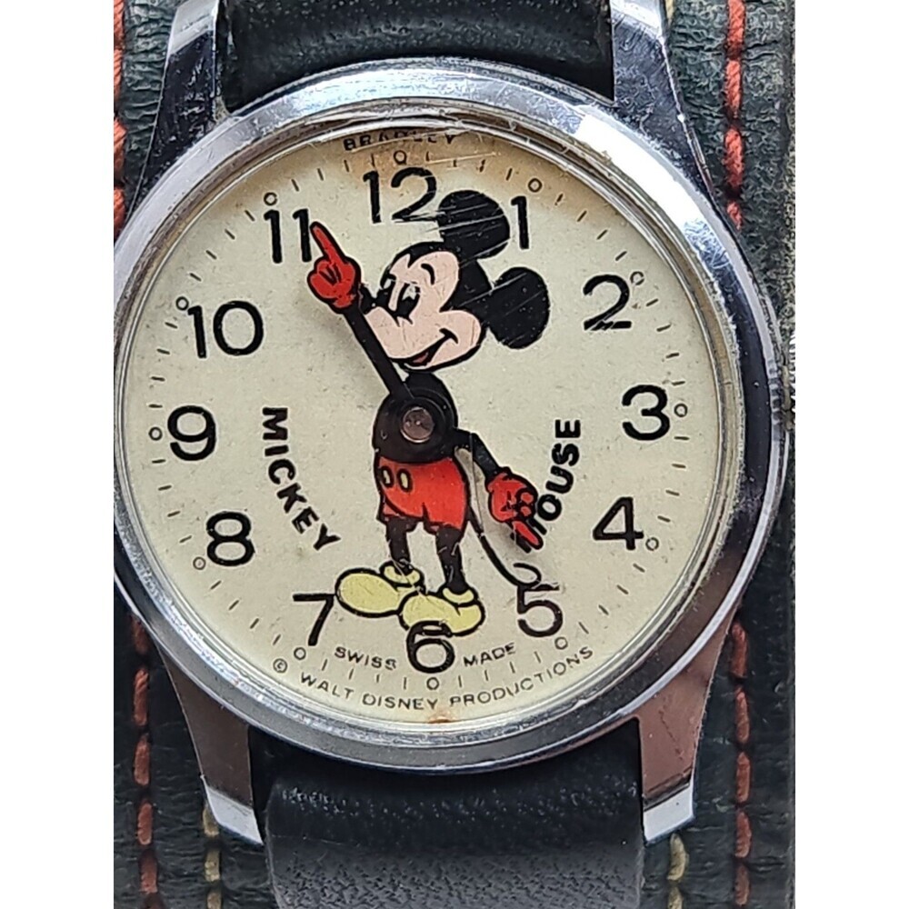 Vintage Bradley Mickey Mouse Swiss Made Walt Disney Mechanical Watch Blue Strap - Picture 5 of 14